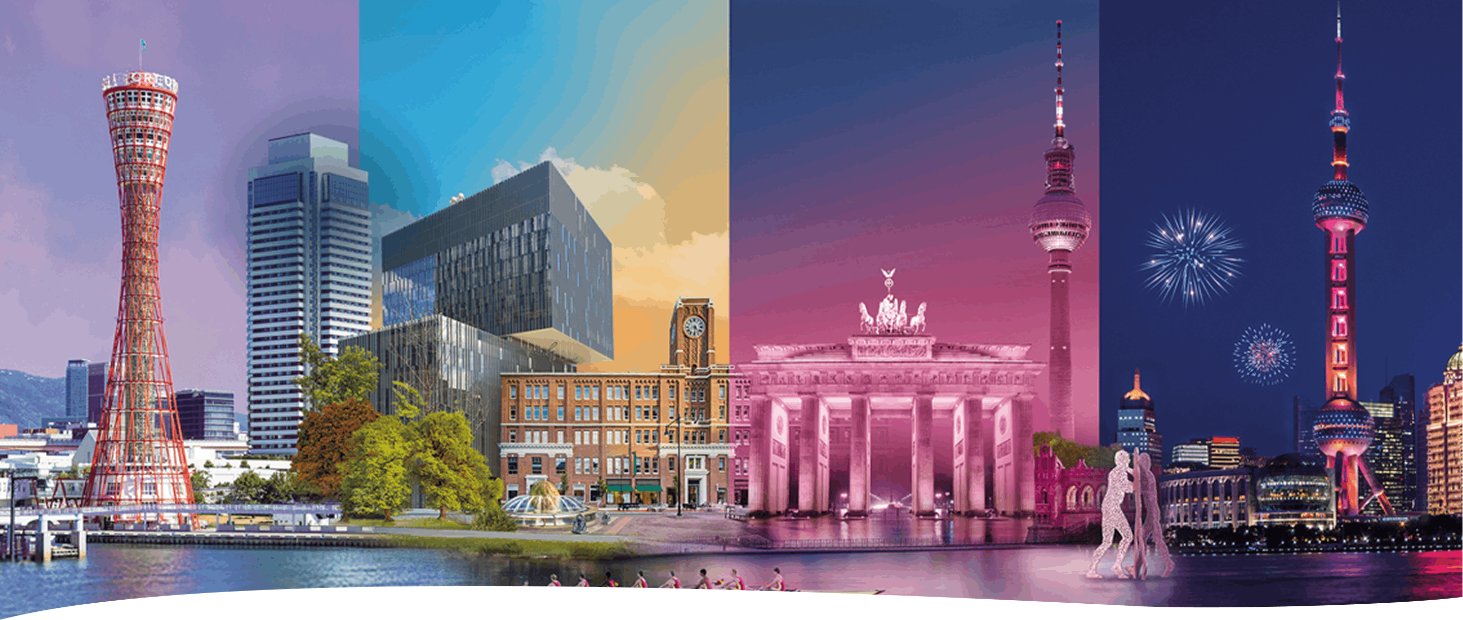 A colorful collage of iconic cityscapes: Tokyo Tower, modern buildings, Berlin's Brandenburg Gate, and Shanghai's skyline with fireworks. A lively, global atmosphere