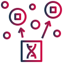 Abstract design featuring a gradient red-to-blue DNA strand enclosed in a square, with arrows pointing to circular shapes