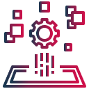 Abstract technology icon with a glowing gear above a digital tablet, surrounded by floating squares. Neon red and blue tones