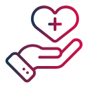 Icon of an open hand holding a heart with a plus sign, symbolizing care or health support. The gradient colors are red and blue